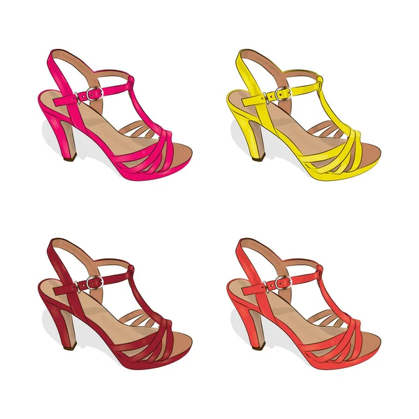 Un conjunto de zapatos de verano femeninos de colores sobre un fondo blanco. Ilustración vectorial . — Vector de stock