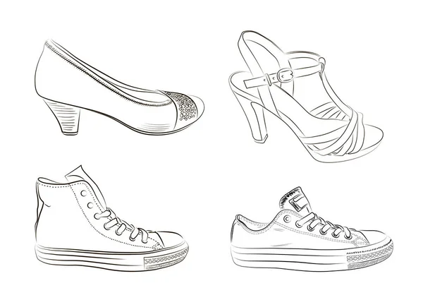Kézzel rajzolt férfi és női cipő halmaza. Vektoros illusztráció. — Stock Vector