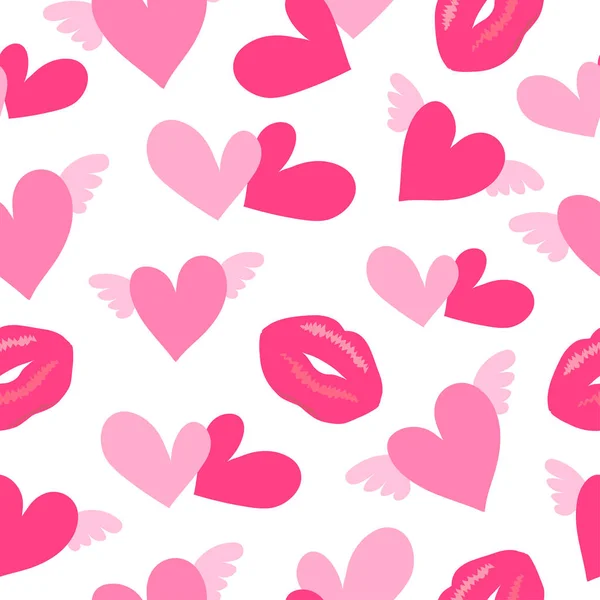 Primitive seamless retro pattern with different lips and hearts — Stock Vector