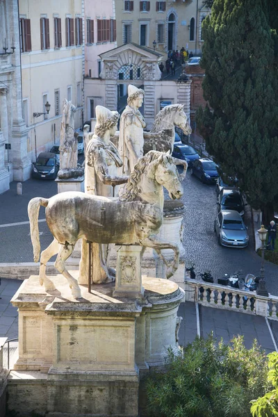 Castor heykeli önünde Capitol Square, Roma, İtalya, bir atı ile. — Stok fotoğraf