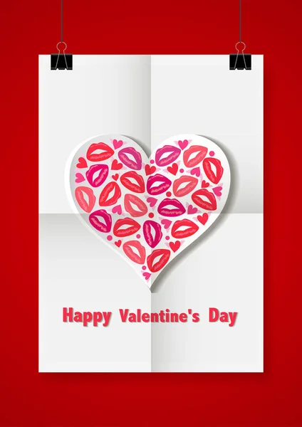 San Valentín, fondo de amor con una hoja blanca de papel y corazón de papel rojo colgando de pinzas de ropa en una cuerda . — Vector de stock