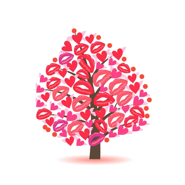 Greeting card with a tree hearts and lips traces — Stock Vector