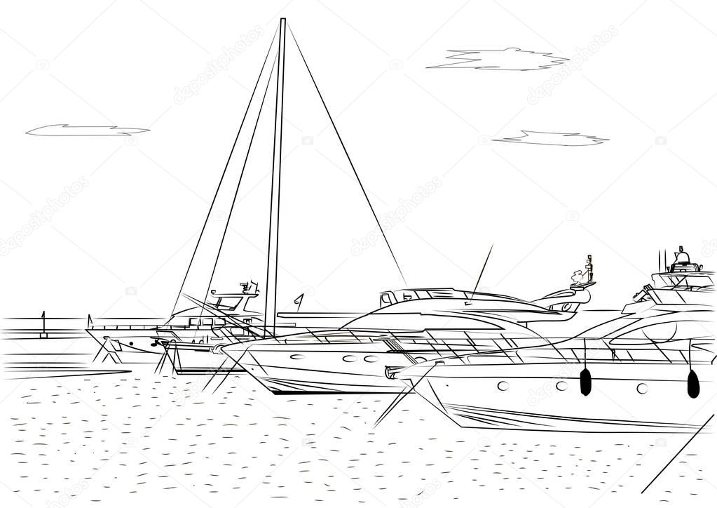 Sketch of white yachts in the port waiting. On the sea is calm. .Vector.