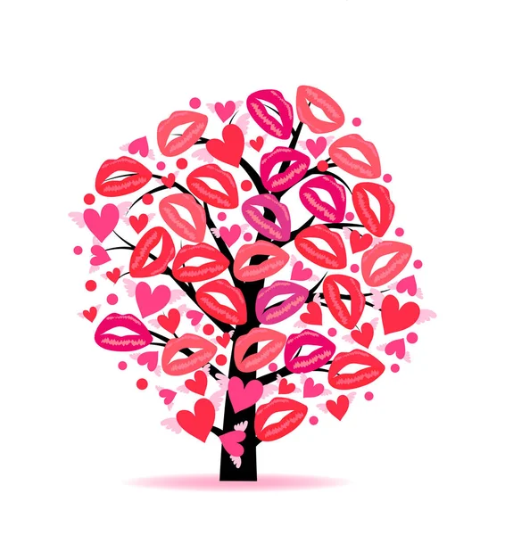 Greeting card with a tree hearts and lips traces — Stock Vector