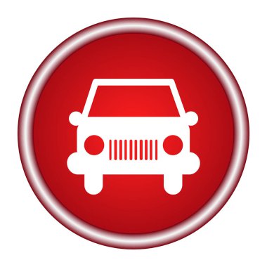 Beyaz araba simge vektör. Kırmızı daire. Kırmızı düğmeye