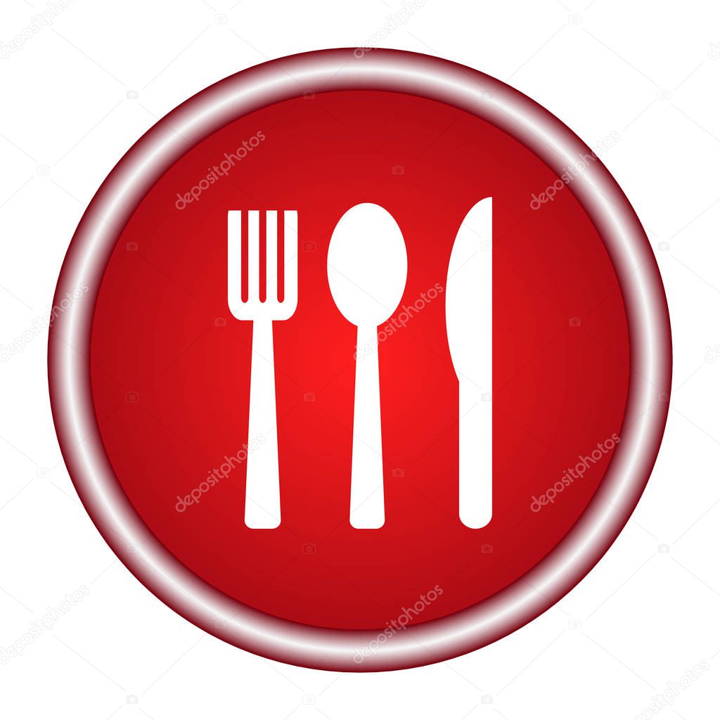 Icon fork, spoon, knife on a red background. Vector illustration.