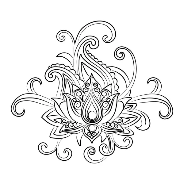 Boceto de un loto sobre un fondo blanco.Vector ornamental Loto, tatuaje de henna enredada étnica — Vector de stock