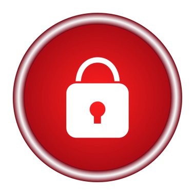 Kilit simgesi. Beyaz zemin üzerine kırmızı parlak daire web simgesi 