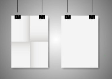 Kelepçeler ile iki kez katlanmış bir poster. Poster kelepçeler ile. Vektör çizim.