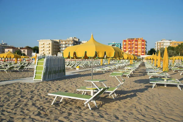 Orange umbrellas and chaise lounges on the beach of Rimini in It