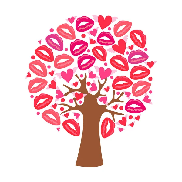 Bir ağaç kalpleri ve dudak izleri olan tebrik kartı — Stok Vektör