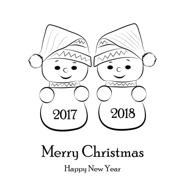 Postkarte für das neue Jahr und Weihnachten mit Schneemännern. Vektorillustration. — Stockvektor
