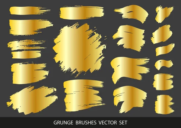 Set Goldfarbe Pinselstriche Pinsel Linien Schmutzige Künstlerische Gestaltungselemente Schachteln Textrahmen — Stockvektor