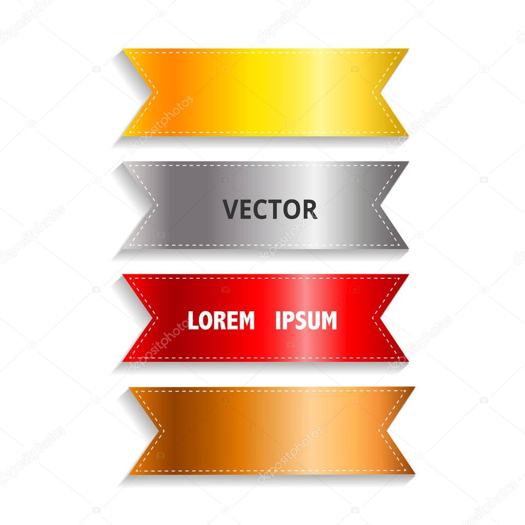 Vector silky ribbon tags collection. Gold, Silver, Bronze, Red.