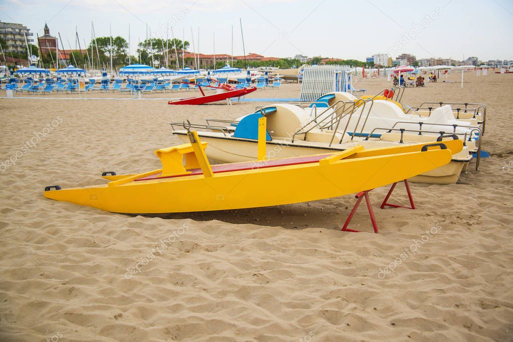 Emilia-Romagna, Italy, boats on the beach. The famous resort of Rimini