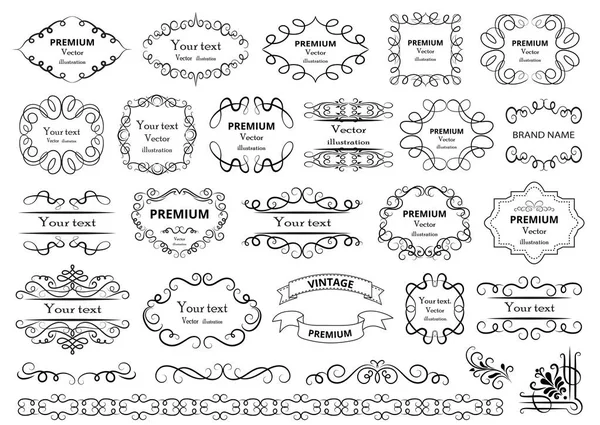 Calligraphic Design Elements Decorative Swirls Scrolls Vintage Frames Flourishes Labels — Stock Vector