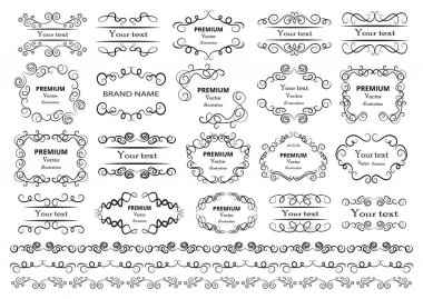 Kaligrafik tasarım elementleri. Dekoratif girdaplar ya da parşömenler, eski çerçeveler, zenginlikler, etiketler ve bölmeler. Retro vektör illüstrasyonu