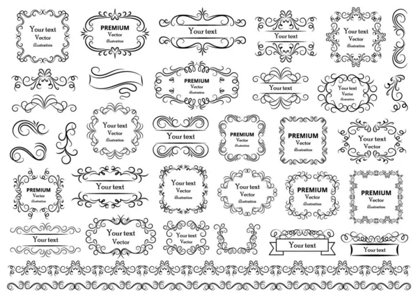 Calligraphic design elements . Decorative swirls or scrolls, vintage frames , flourishes, labels and dividers. Retro vector illustration. — Stock Vector