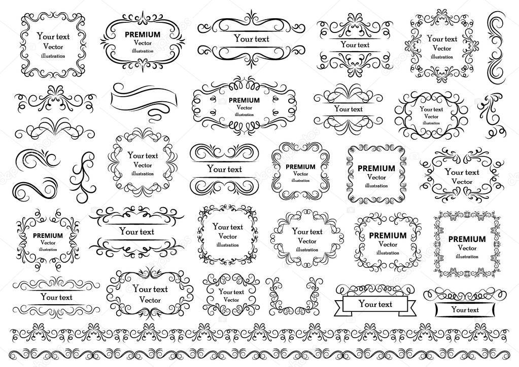 Calligraphic design elements . Decorative swirls or scrolls, vintage frames , flourishes, labels and dividers. Retro vector illustration.