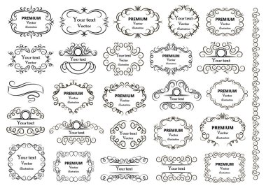 Kaligrafik tasarım elementleri. Dekoratif girdaplar ya da parşömenler, eski çerçeveler, zenginlikler, etiketler ve bölmeler. Retro vektör illüstrasyonu.