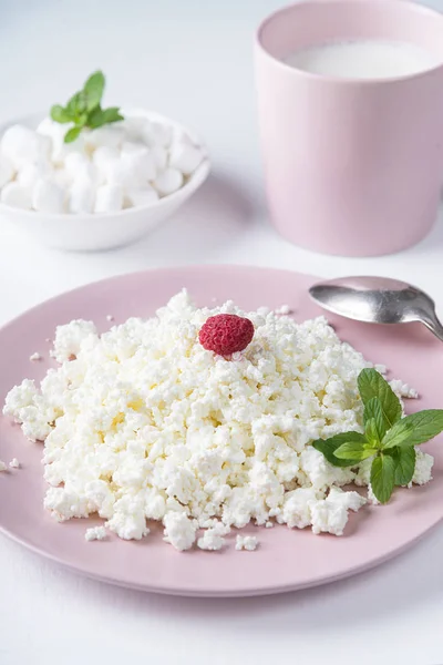 Сыр в розовой тарелке, зефир и молоко изолированы на белом фоне — стоковое фото