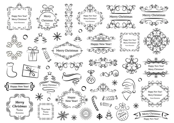 Elementy konstrukcyjne kaligraficzne na święta Bożego Narodzenia. Dekoracyjne swirls lub zwoje, zabytkowe ramy, kwitnie, etykiety i przegroby. Retro wektor ilustracji. — Wektor stockowy