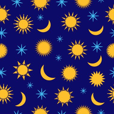 Güneş, ay ve gökyüzünde yıldızlar sorunsuz vektör desen arka plan. Sarı, mavi, beyaz. Çocuklar, kumaşlar, kağıt, web afiş, duvar kağıtları için harika. Mevsimsel baskı