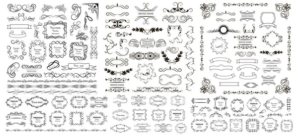 Kaligrafik tasarım elementleri. Dekoratif girdaplar ve parşömenler, eski çerçeveler, gösterişli şeyler, etiketler ve bölücüler. Sevgililer Günü özel paket tasarım elementleri. Retro vektör illüstrasyonu.