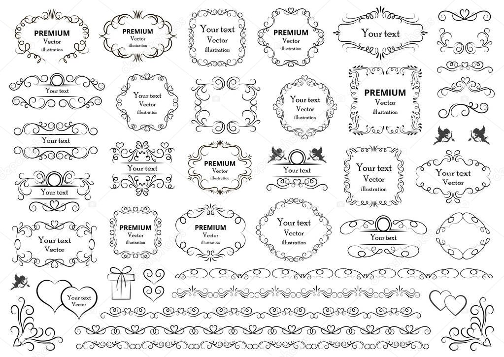 Calligraphic design elements . Decorative swirls or scrolls, vintage frames , flourishes, labels and dividers. Retro vector illustration.