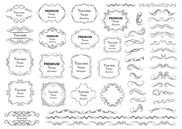 Calligraphic design elements . Decorative swirls or scrolls, vintage frames , flourishes, labels and dividers. Retro vector illustration. — Stock Vector