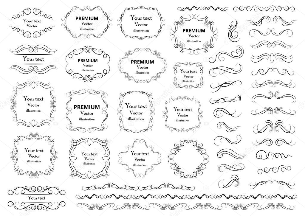 Calligraphic design elements . Decorative swirls or scrolls, vintage frames , flourishes, labels and dividers. Retro vector illustration.