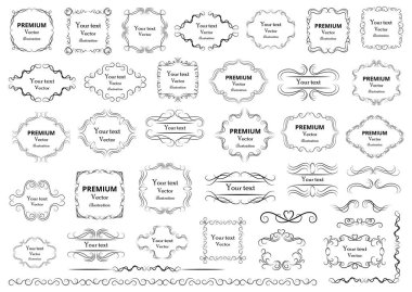 Kaligrafik tasarım elementleri. Dekoratif girdaplar ya da parşömenler, eski çerçeveler, zenginlikler, etiketler ve bölmeler. Retro vektör illüstrasyonu.