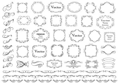 Kaligrafik tasarım elementleri. Dekoratif girdaplar ya da parşömenler, eski çerçeveler, zenginlikler, etiketler ve bölmeler. Retro vektör illüstrasyonu.
