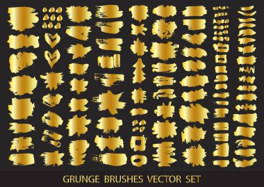 Altın boya seti, mürekkep fırçası darbeleri, fırçalar, çizgiler. Kirli sanatsal tasarım unsurları, kutular, metin için çerçeveler. Vektör illüstrasyonu.