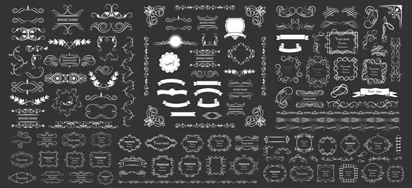  Kaligrafik tasarım elementleri. Dekoratif girdaplar ya da parşömenler, eski çerçeveler, zenginlikler, etiketler ve bölmeler. Retro vektör illüstrasyonu.