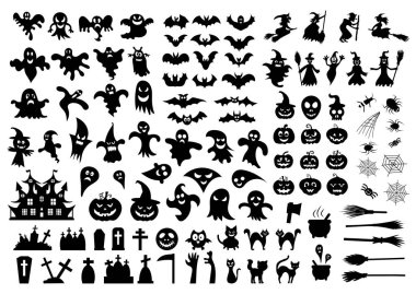  Beyaz arka planda Cadılar Bayramı siluetleri. Vektör illüstrasyonu