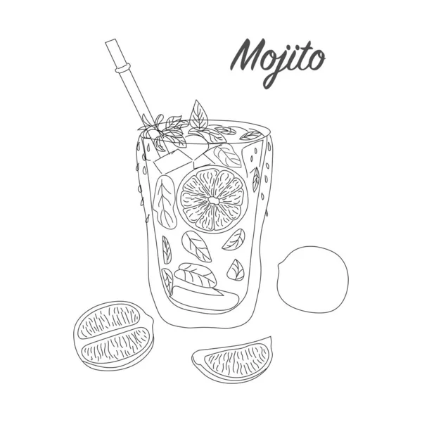 Skiss Cocktail Med Lime Och Mynta Jag Heter Mojito Vektorillustration — Stock vektor