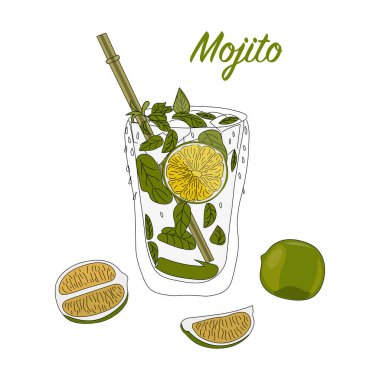 Limonlu ve naneli kokteyl. Mojito. Vektör çizimi.