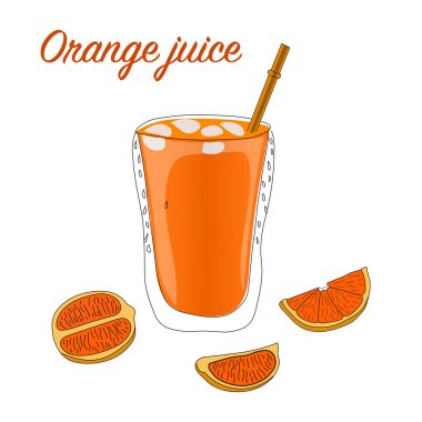 Beyaz arka planda izole edilmiş bir bardak portakal suyu. Vektör illüstrasyonu.