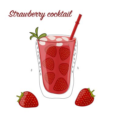  Çilekli bir bardak meyve suyu. Vektör illüstrasyonu.