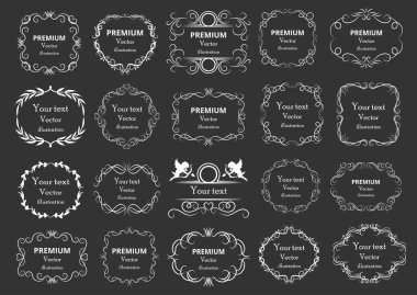 Kaligrafik tasarım elementleri. Dekoratif girdaplar ya da parşömenler, eski çerçeveler, zenginlikler, etiketler ve bölmeler. Retro vektör illüstrasyonu.