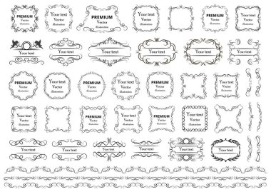 Kaligrafik tasarım elementleri. Dekoratif girdaplar ya da parşömenler, eski çerçeveler, zenginlikler, etiketler ve bölmeler. Retro vektör illüstrasyonu.
