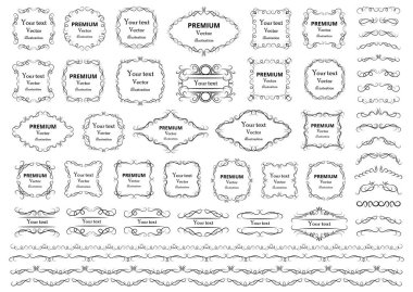 Kaligrafik tasarım elementleri. Dekoratif girdaplar ya da parşömenler, eski çerçeveler, zenginlikler, etiketler ve bölmeler. Retro vektör illüstrasyonu.