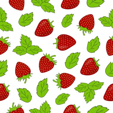 Çilek ve yeşil yaprakların kusursuz deseni. Vektör illüstrasyonu.