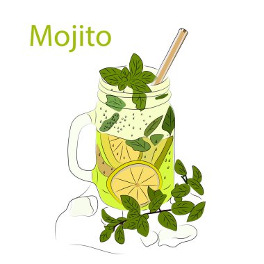 Limonlu ve naneli kokteyl. Mojito. Vektör illüstrasyonu