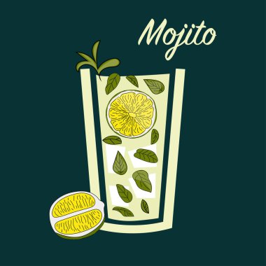Limonlu ve naneli kokteyl. Mojito. Vektör illüstrasyonu