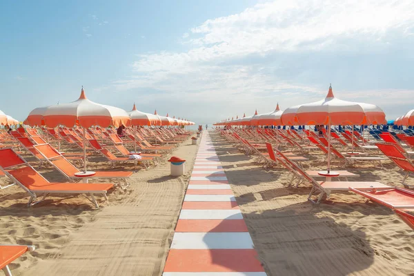 Paraplu Ligstoelen Het Strand Ochtend Van Rimini Italië — Stockfoto