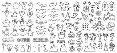 Beyaz arka planda Cadılar Bayramı siluetleri. Vektör illüstrasyonu