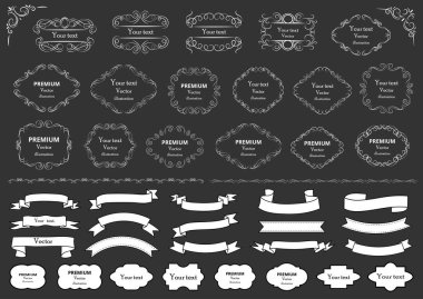 Kaligrafik tasarım elementleri. Dekoratif girdaplar ya da parşömenler, eski çerçeveler, zenginlikler, etiketler ve bölmeler. Retro vektör illüstrasyonu.