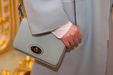 Onu moda küçük çanta ya da debriyaj tiyatrosunu içinde tutan moda kadın